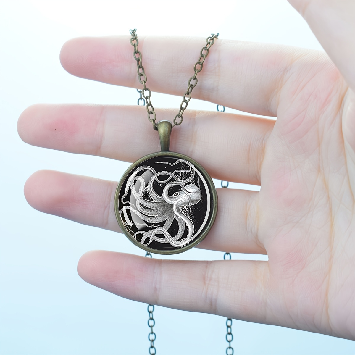 Octopus Design Round Pendant Necklace, Vintage Statement Charm